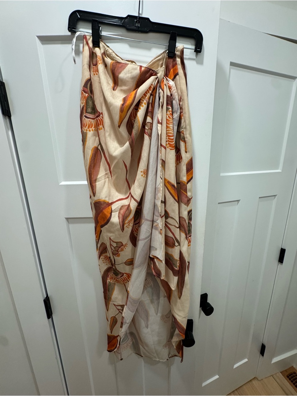 Andrea Iyamah Cream Floral High-Low Wrap Skirt with Rust and Olive Accents